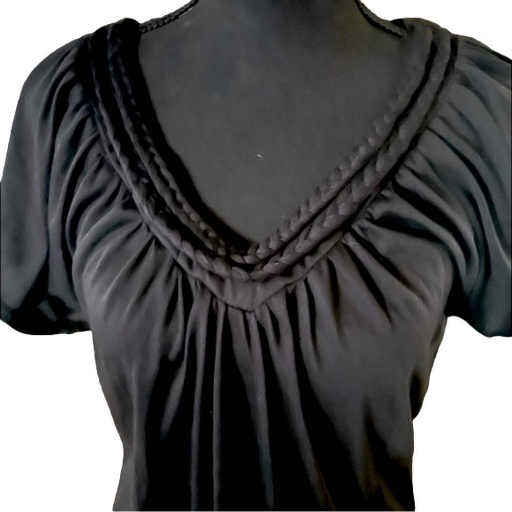 Black Braided Neckline Pleated Front Short Sleeve Top Size 1X